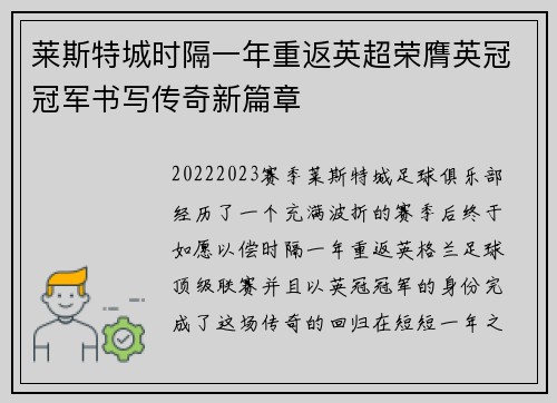 莱斯特城时隔一年重返英超荣膺英冠冠军书写传奇新篇章 莱斯特城时隔一年重返英超荣膺英冠冠军书写传奇新篇章